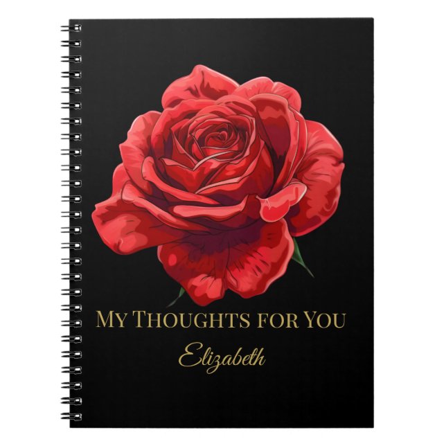 Red Roses on Black with Gold Script Personalized Notebook (Front)