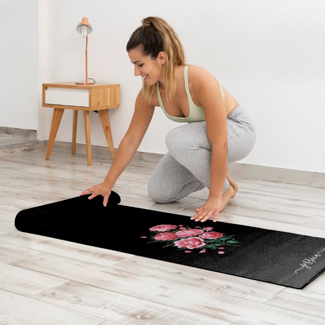 Red Roses on Black with script name Yoga Mat (Creator Uploaded)