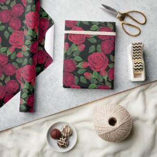 Red roses on black. wrapping paper