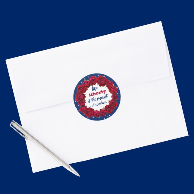 Red roses on blue starry background patriotic text classic round sticker (Creator Uploaded)