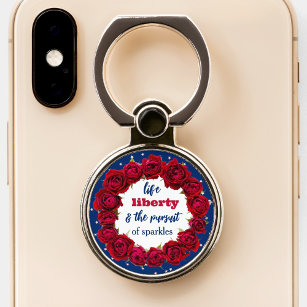 Red roses on blue starry background patriotic text phone ring stand