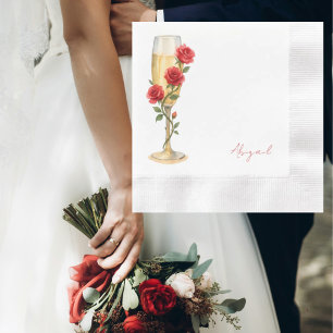 Red Roses on Champagne Personalized Name Coined Napkin