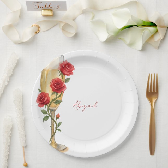 Red Roses on Champagne Personalized Name  Paper Plate (Wedding)