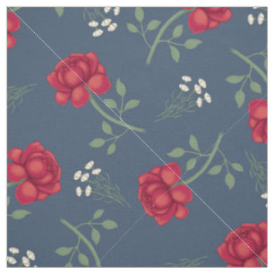 Red Roses on Dusky Blue Calico Fabric