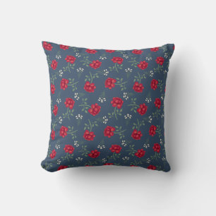 Red Roses on Dusky Blue Oversized Calico Throw Pillow