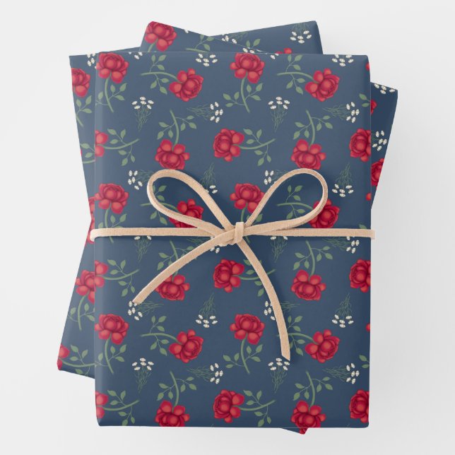 Red Roses on Dusky Blue  Oversized Calico  Wrapping Paper Sheet (In situ)