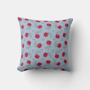 Red Roses on Light Blue Oversized Calico Throw Pillow
