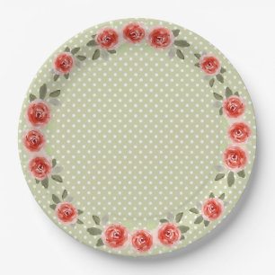 Red Roses on Lime and White Dots Paper Plate