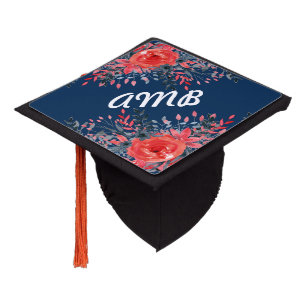 Red Roses on Navy Blue with Monogram Graduation Cap Topper