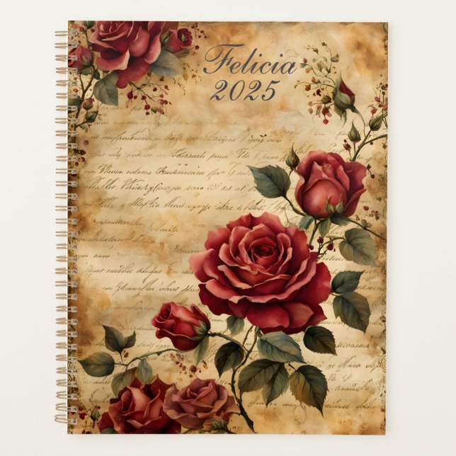 Red Roses on Old Parchment Planner (Front)