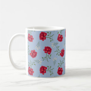 Red Roses on Pale Blue Oversized Calico Coffee Mug