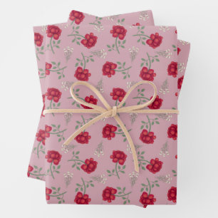 Red Roses on Pink Oversized Calico Wrapping Paper Sheet
