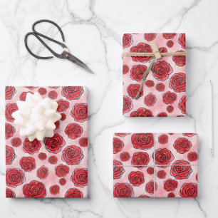 Red Roses on Pink Watercolor Pattern Wrapping Paper Sheet