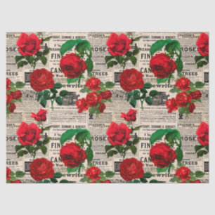 Red Roses on Vintage Newsprint Decoupage Tissue Paper