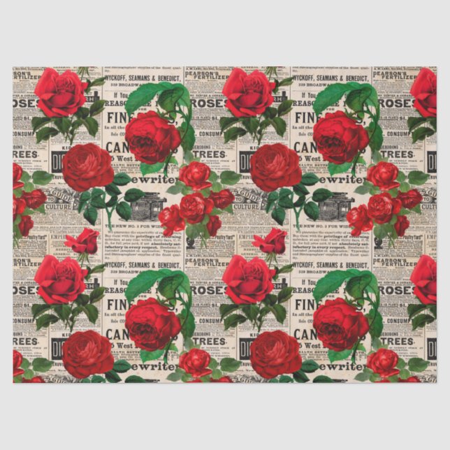 Red Roses on Vintage Newsprint Decoupage Tissue Paper (Front)