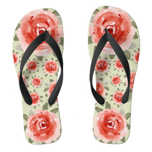 Red Roses on White and Lime Dots Flip Flops