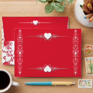 Red Roses on White Toile De Jouy Envelope