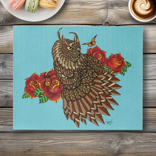 Red Roses Owl Blue Jigsaw Puzzle (Creator Uploaded)