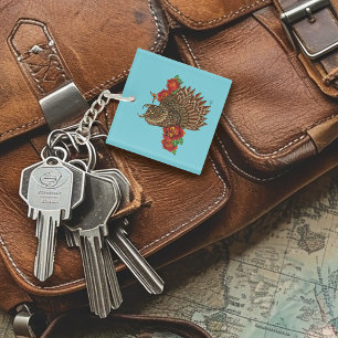 Red Roses Owl Blue Keychain