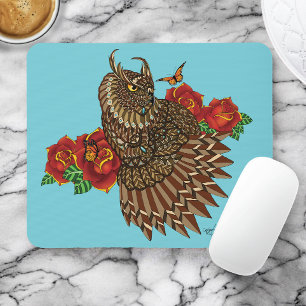Red Roses Owl Blue Mouse Pad