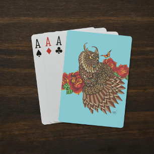Red Roses Owl Blue Playing Cards