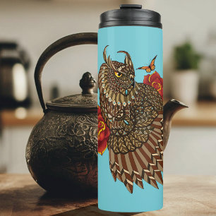 Red Roses Owl Blue Thermal Tumbler