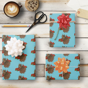 Red Roses Owl Blue Wrapping Paper Sheet