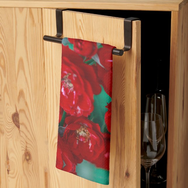 Red Roses Pale Green Leaves Kitchen Towel (Thirds Fold)