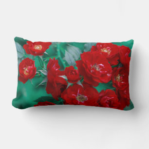 Red Roses Pale Green Leaves Lumbar Pillow