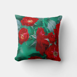 Red Roses Pale Green Leaves Throw Pillow