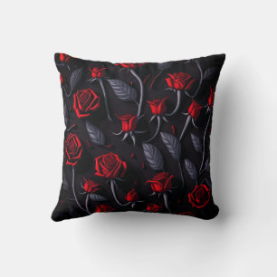 Red Roses Pattern 0n Blck Background Throw Pillow