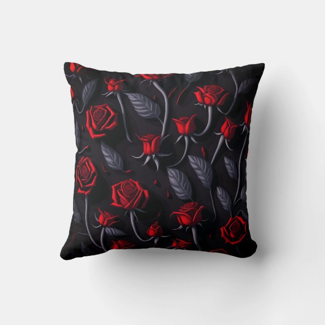 Red Roses Pattern 0n Blck Background Throw Pillow (Back)