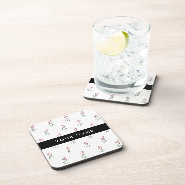Red Roses, Pattern Of Roses, Your Name Coaster (Right Side)