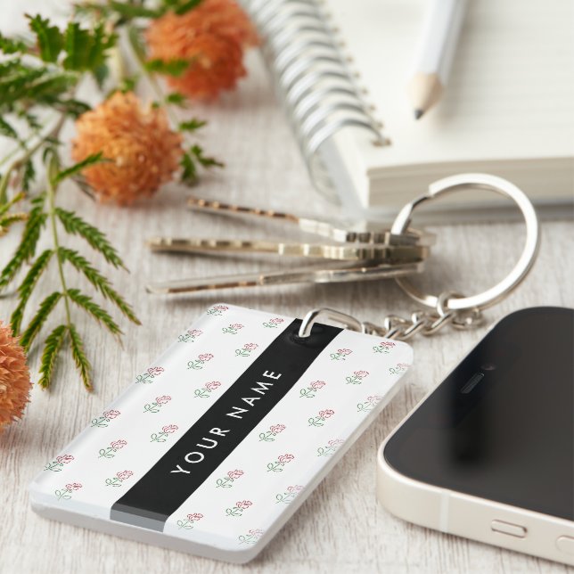 Red Roses, Pattern Of Roses, Your Name Keychain (Front Right)