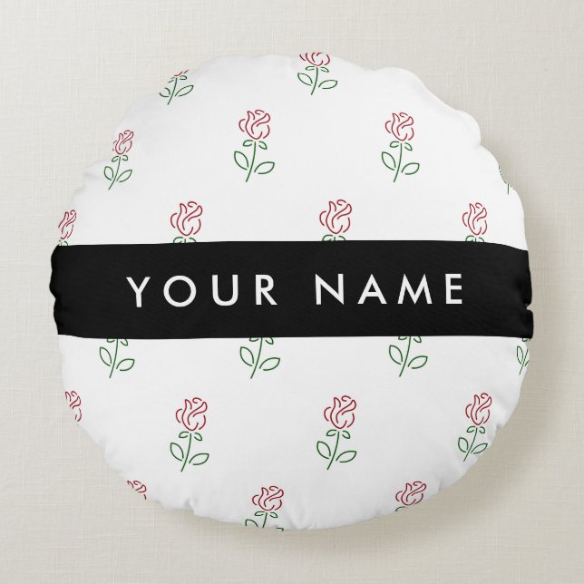 Red Roses, Pattern Of Roses, Your Name Round Pillow (Front)