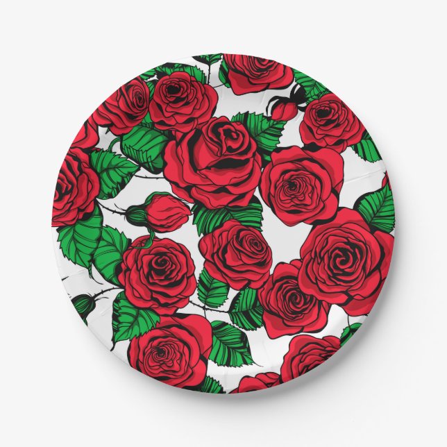 Red roses pattern paper plate (Front)