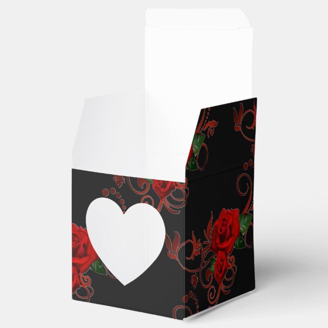 Red Roses Pattern Red and Black Heart Favour Box (Opened)