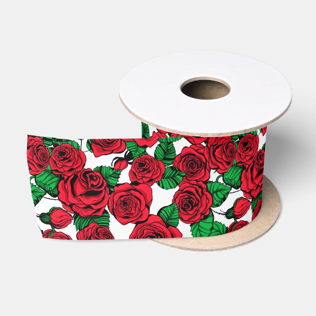 Red roses pattern satin ribbon (Spool)