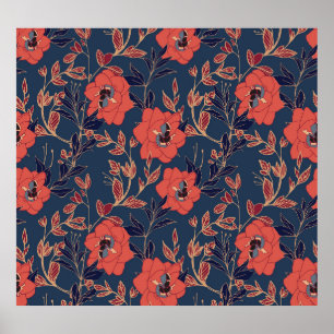 Red Roses Peonies Dark Background Poster