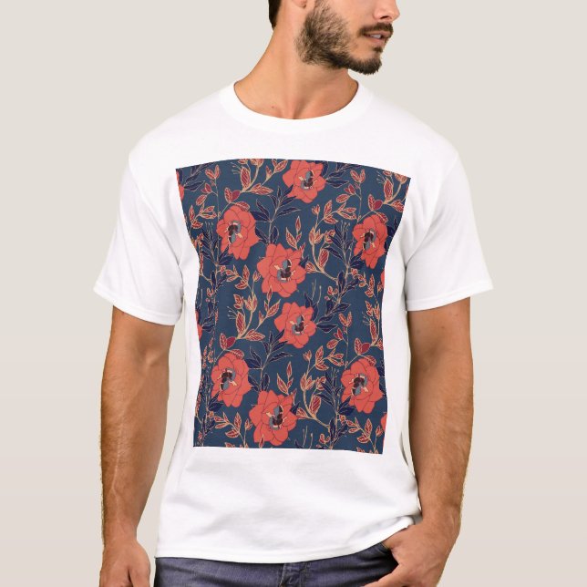 Red Roses Peonies Dark Background T-Shirt (Front)