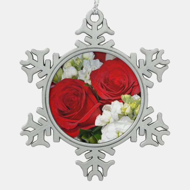Red roses pewter snowflake ornament (Front)