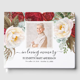Red Roses Photo Sympathy Funeral Watercolor Guest Book