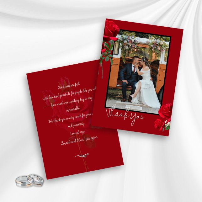 Red Roses Photo Wedding Thank You Message Cards (Creator Uploaded)