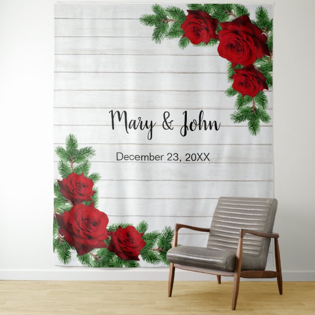 Red Roses & Pine Branch Wedding Photo Backdrop Tapestry (In Situ)
