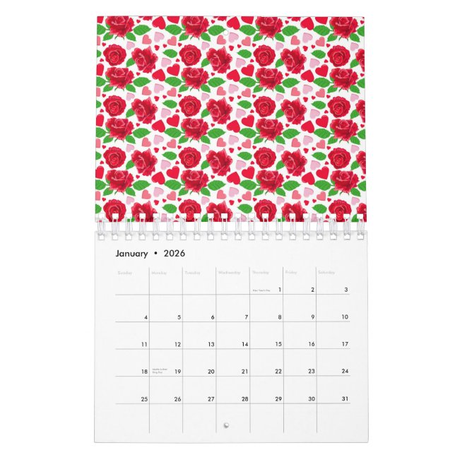Red Roses Pink Hearts Happy Valentines Day Calendar (Jan 2026)