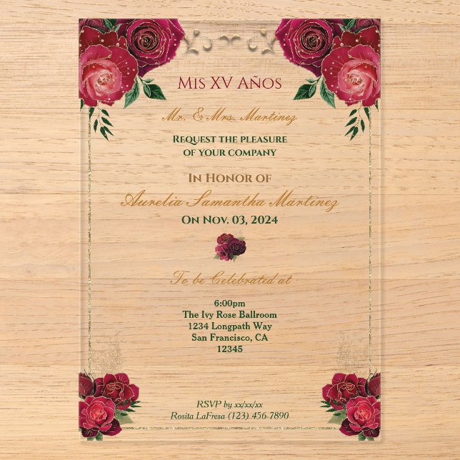 Red Roses Quinceañera  FloralAcrylic Invitation (Front)