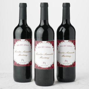 Red Roses Quinceañera Wine Bottle Labels