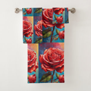 Red Roses Rainbow Beautiful Rose Painting Floral Bath Towel Set