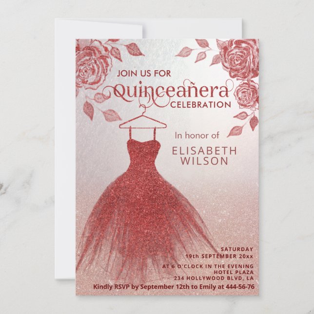 Red roses red glitter dress Quinceañera Invitation (Front)
