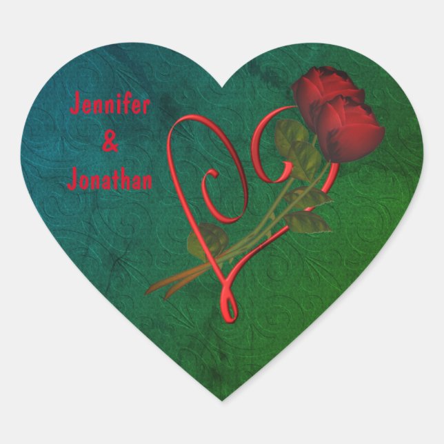Red Roses Red Heart Personalized Wedding Heart Sticker (Front)